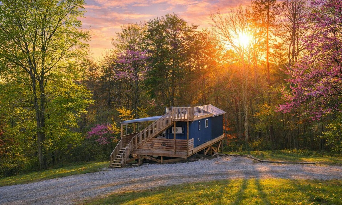 Logan House | Blue Bird Tiny House Shipping Container: Hot Tub + Rooftop Deck in Hocking Hills