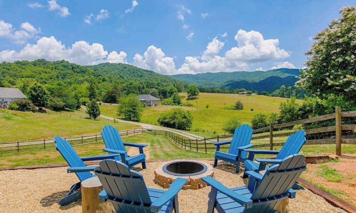 Weaverville House | Blue Ridge farmhouse with amazing mountain view, hot tub, firepit & decks