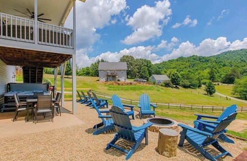 Weaverville House | Blue Ridge farmhouse with amazing mountain view, hot tub, firepit & decks