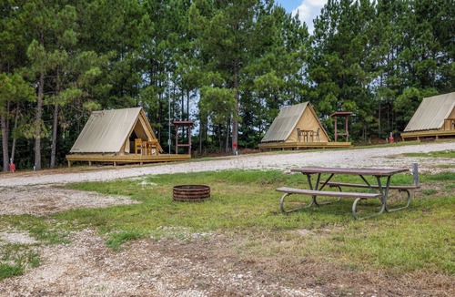 Onalaska RV Rental | Cozy A-Frame Glamping Surrounded by Piney Woods