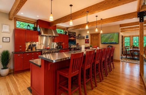 Sunday River Area House | FunHouse: Walk to Ski Trails! Hot Tub, Game Room, Ultimate Kitchen