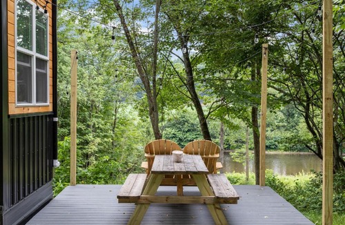 Johnson House | Riverside Tiny House with hot tub near Stowe
