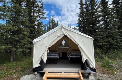 Glacier View RV Rental | The Prospector Wall Tent at Stump Creek B&B