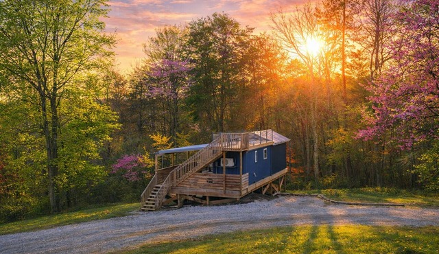 Blue Bird Tiny House Shipping Container: Hot Tub + Rooftop Deck in Hocking Hills